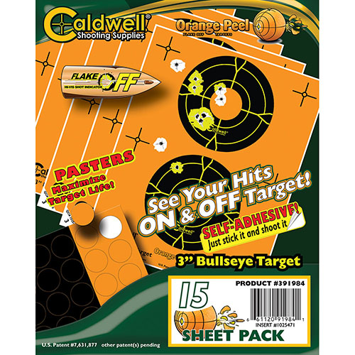 Caldwell Orange Peel® - 3" bullseye-maalit, jotka näyttävät osumat selkeästi ja helpottavat tähtäämistä pitkällä matkalla. 15 arkkia tehokasta maalia!