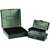 Frankford Arsenal Hinge-Top Ammo Box tarjoaa kestävän muovihingeen, pinottavuuden ja mahdollisuuden merkitä kansi, avautuu tasaisesti ja kestää kylmää.