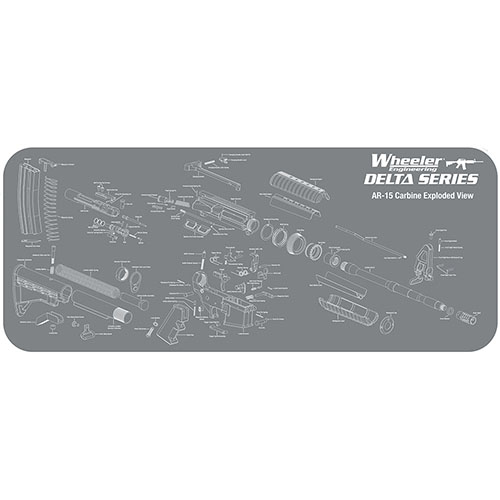 Wheeler Delta Series AR-15 Maintenance Mat suojaa aseesi pintakäsittelyä, imee öljyt ja liuottimet, ja helpottaa osien tunnistamista räjäytettyyn kuvaan perustuen.