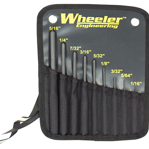 Wheeler Roll Pin Punch Set on valmistettu kovametallista, estäen taipumista ja rikkoutumista. 9-osainen setti tarjoaa tarkkuutta ja suojaa aseellesi.