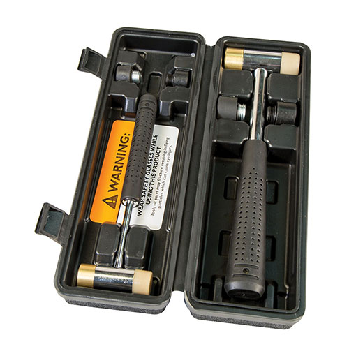 Wheeler Master Gunsmith Interchangeable Hammer Set sisältää 2 vasarakehystä ja 8 vaihdettavaa vasarapintaa: metalli, messinki, nailon ja kumia.