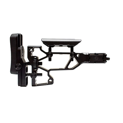 MDT Folding Rifle Stock tarjoaa työkaluttoman säädön, mukautuvan poskipakan ja tukin, sekä taittuvan rakenteen, joka parantaa ampumamukavuutta ja suorituskykyä.