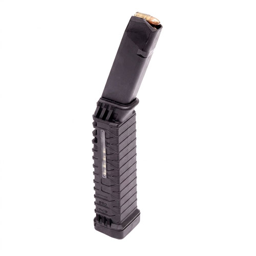 Schmeisser S50 G17 MLE - Lisää 33 patruunaa Glock 17:een, yhteensä 50 patruunan kapasiteetti, kompakti muoto, kestävä rakenne ja nopea patruunatarkistus.