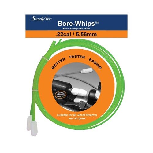 .22 kaliberin Bore-whips™ -puhdistustikut tarjoavat tarkkaa puhdistusta, ovat kestäviä, pestäviä ja uudelleenkäytettäviä sekä toimivat tyhjien patruunakammiin indikaattoreina.