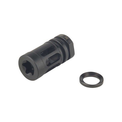 Gunfighter Compensator vähentää piipun nousua ja salamaa, rajoittaa sivupursketta ja melua, ja se on valmistettu ruostumattomasta teräksestä mustalla oksidilla.