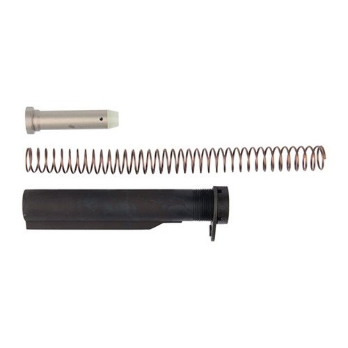 Mil-Spec yhteensopiva AR-15/M16 buffer tube assembly, sisältää kaikki tarvittavat osat säädettävän buttstockin asentamiseen, kestävä ja laadukas rakenne.