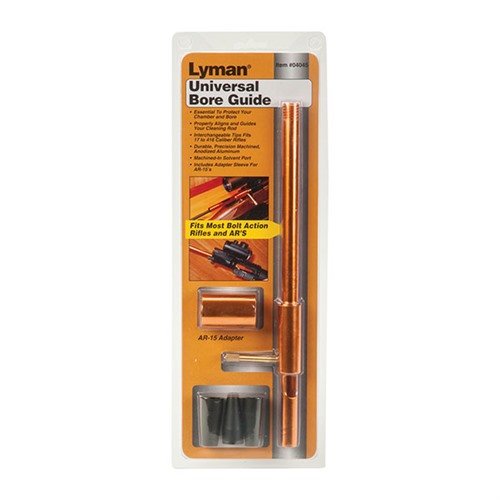 Lymanin Universal Bore Guide ohjaa puhdistusvarren tarkasti, suojaa kammion ja putken kulumiselta, ja sopii useimpiin bolt action -aseisiin sekä AR-15:een.