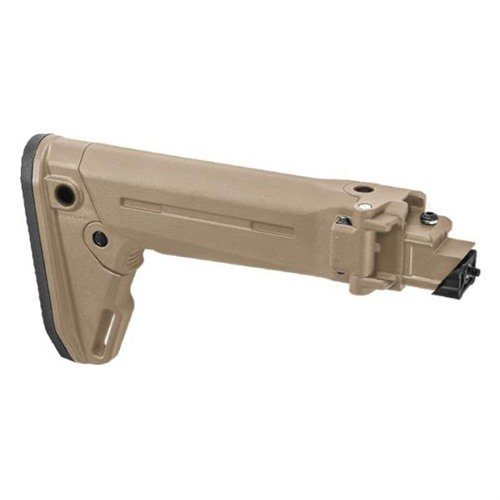 Magpul Zhukov-S - moderni taittuva AK-47/74 -kokoonpano, jossa QD-slingikiinnikkeet, 5-asentoinen teleskooppivarsi ja iskunvaimennettu kumituki.
