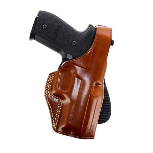 PLE Paddle -holsterissa on turvallinen thumb break -kiinnitys, helppo kiinnitys ilman vyön irrottamista ja se sopii 1 3/4" vyöhön. Valmistettu premium saddle leather -materiaalista.