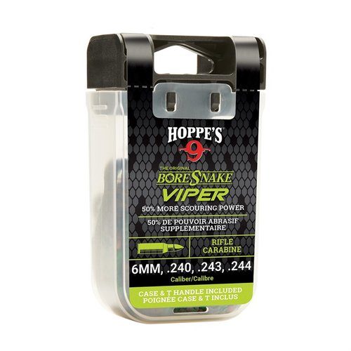 Rifle Viper Bore Snake puhdistaa, öljyä ja harjaa samalla vedolla, 50% enemmän puhdistuspintaa, suojaa riflingia ja on pestävä uudelleen käytettävässä säilytyksessä.