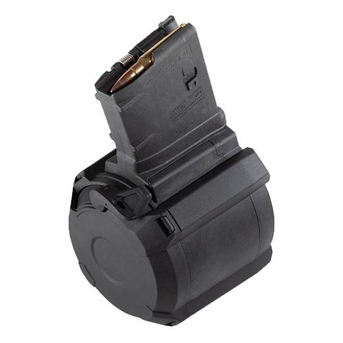 Magpul PMAG D-50 LR/SR GEN M3 on kestävä, kevyt ja luotettava 50 patruunan rumpu .308 Winchester -kivääreille, helppo ladata ja tarkka näkyvyys jäljellä olevasta ammuksesta.