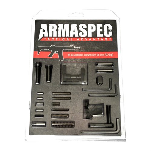 Armaspecin ruostumattomasta teräksestä valmistettu AR-15 Gun Builder's Lower Parts Kit tarjoaa kestäviä osia ja elinikäisen takuun, täydellinen rakentajille.