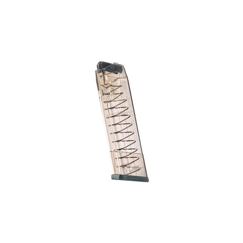.45 Glock® 21, 30, 41 - 18-laukkuinen, kestävä ja kemikaaleille vastustuskykyinen ETS-magasiini, jonka läpinäkyvä runko näyttää ammuntamäärän.