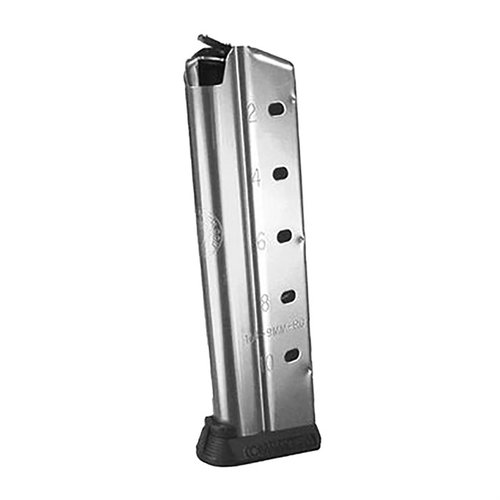 1911 GOVERNMENT FULL SIZE MAGAZINE 9MM tarjoaa 10 laukauksen kapasiteetin, erinomainen syöttö ja kestävä ruostumaton teräs, täydellinen 9mm-pistoolille.