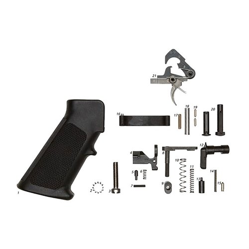 Täydellinen AR-15 Lower Parts Kit ACT Triggerilla, joka sisältää kaikki tarvittavat osat, mukaan lukien Bolt Catch ja Mag Release. Saatavilla myös ilman kahvaa!