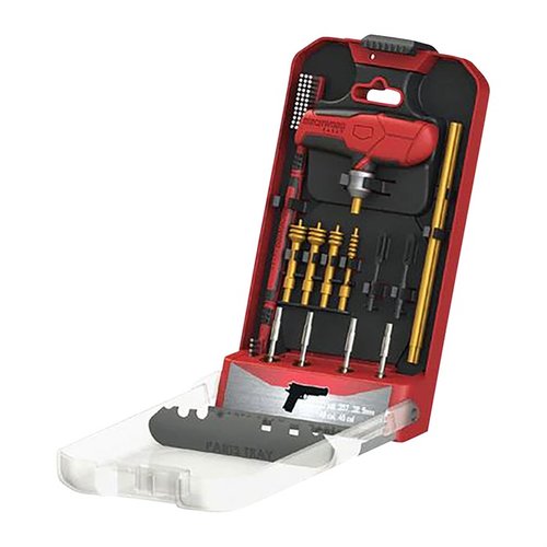 16-osainen universaali HANDGUN CLEANING KIT, jossa on lukittava kahva ja innovatiivinen kotelo, joka suojaa työkaluja ja helpottaa puhdistusta.