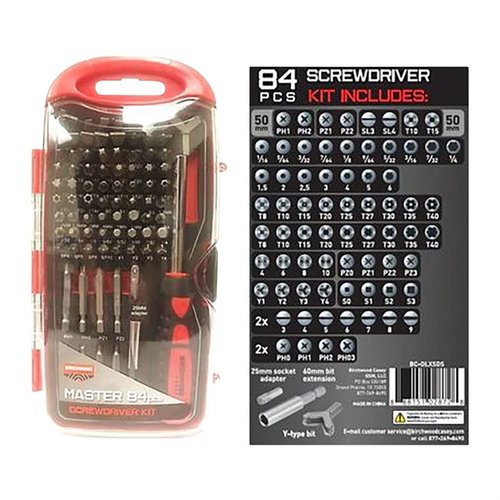 MASTER SCREWDRIVER SET 84-osainen tarjoaa laajan valikoiman työkaluja, kuten Slotted, Philips, Torx ja Hex -päitä, täydellinen tarkkuustöihin.