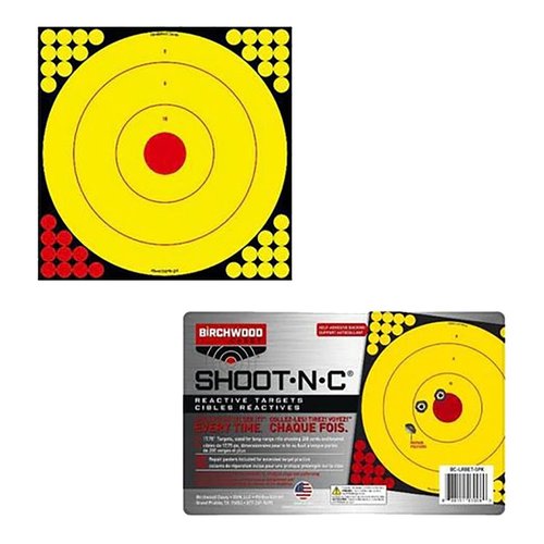 LONG RANGE SHOOT-N-C BULLSEYE TARGET 5-pack tarjoaa liimattavan taustapinnan, helposti näkyvän mustan roiskeen ja koon 17.75'' x 17.75'' pitkän matkan ampumiseen.