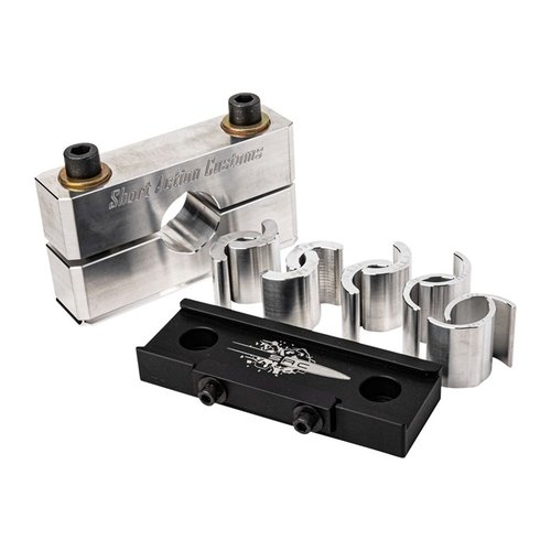 Bravo Barrel Vise Kit sisältää ARCA-mounting base, 5 bushingia ja kestävää 7075-alumiinia, mahdollistaen tarkan kiinnityksen ilman vaurioita.
