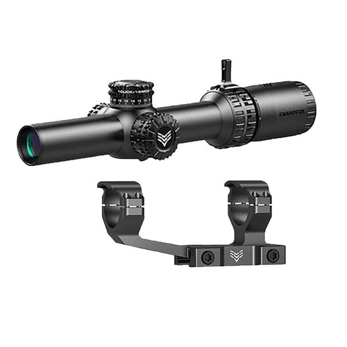 Swampfox Arrowhead 1-6X24 SFP tarjoaa kirkkaan kuvan, laajan näkökentän ja erinomaisen resoluution, lukittavat torni säädöt ja valaistut retikulaatit.