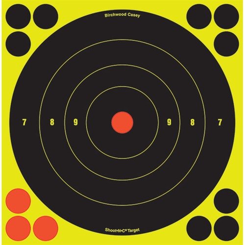 SHOOT-N-C® TARGET, 8" BULLSEYE, 30 PACK tarjoaa kirkkaan fluoresoivan värin osumille, mikä tekee osumista heti näkyviä ilman kiikareita.