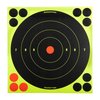 SHOOT-N-C® TARGET, 8" BULLSEYE, 6 PACK tekee osumista näkyviä kirkkaan fluoresoivan värin ansiosta, helppo kiinnittää ja mukana korjaustarrat.