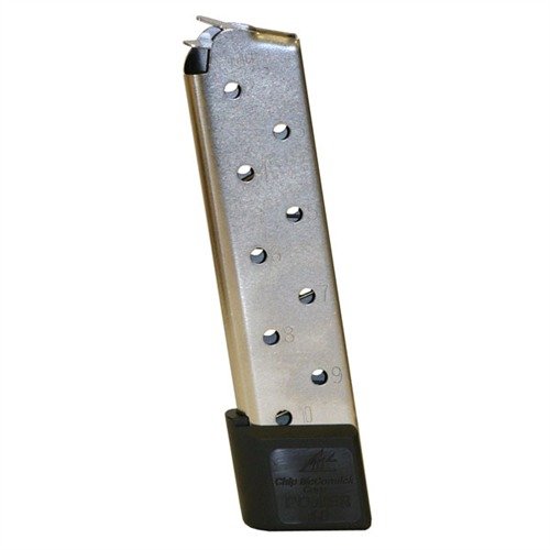 .45 ACP Power Magazine 10 laukauksen kapasiteetilla, kestävä rakenne ja luotettava syöttö jopa pitkään ladattuna, täydellinen kilpailijoille ja itsepuolustukseen.