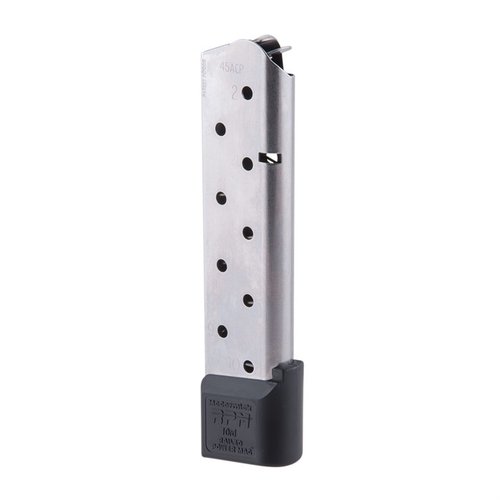 Chip McCormick .45 ACP Railed Power Mag tarjoaa erinomaisen luotettavuuden, kaksinkertaiset syöttörautojen vahvuudet ja ruostumattomasta teräksestä valmistetun magiinin.