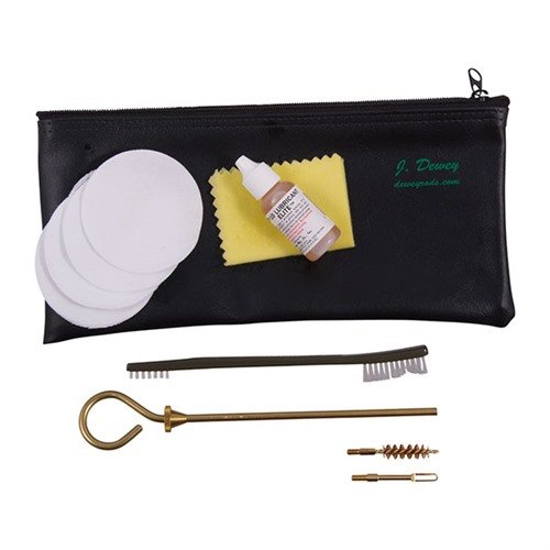DEWEY:n RIFLE & PISTOL CLEANING KITS sisältää kaiken tarvittavan kiväärien ja pistoolien puhdistukseen, mukaan lukien brass 'Loop' -varsi ja Shooters Choice FP-10 -voiteluaine.