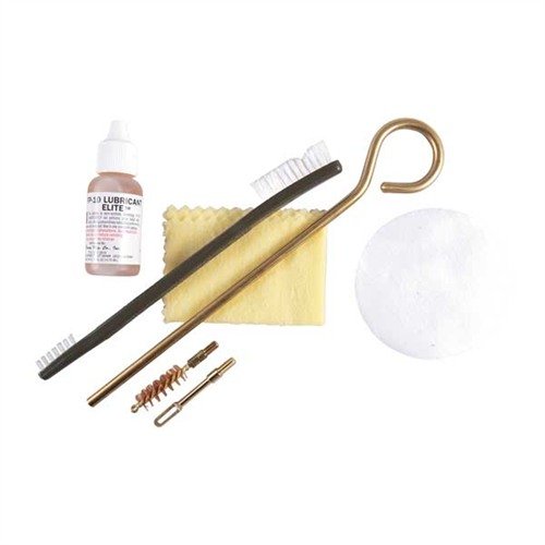 MIL/LE Pistol Cleaning Kit tarjoaa kaiken tarvittavan 9mm/.357/.38 kaliperin aseiden puhdistukseen, mukaan lukien brass cleaning rod ja Shooter's Choice FP-10.