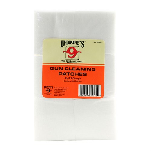 Hoppes Patches 16/12ga 300 Pack tarjoaa erinomaisen puhdistuksen haulikoillesi, valmistettu 100% puuvillasta, täydellinen tarkkuuden ja luotettavuuden varmistamiseksi.