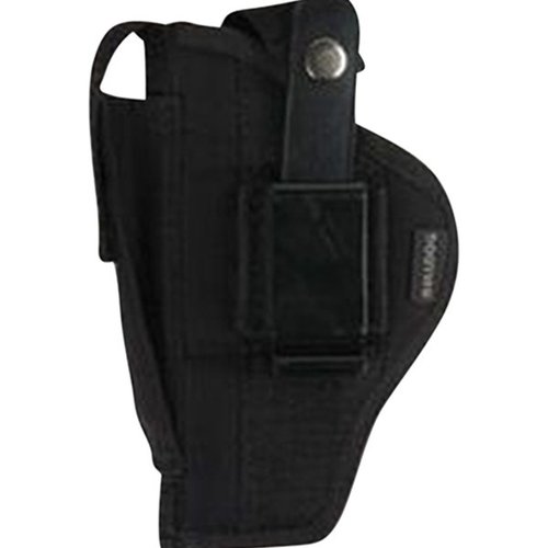 Bulldog Belt/Clip Ambi Holster on musta, kestävä ja monikäyttöinen. Sopii 5-6 1/3 tuuman piippuisiin aseisiin, tarjoten turvallisen ja mukautuvan kantotavan.