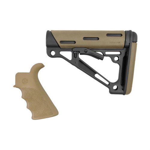Hogue AR-15 2-osainen setti tarjoaa mukautuvan beavertail-kahvan ja OverMolded®-tukipannan, joka estää liikkumisen ja mahdollistaa useita kiinnityskohtia.