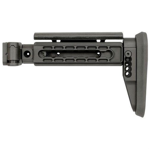 AK ALPHA SERIES FOLDING STOCK tarjoaa säädettävän poskipalan, kestäviä materiaaleja, 5-asentoinen lukitus ja 3 QD kiinnityskohtaa, täydellinen mukavuus ja käytettävyys.