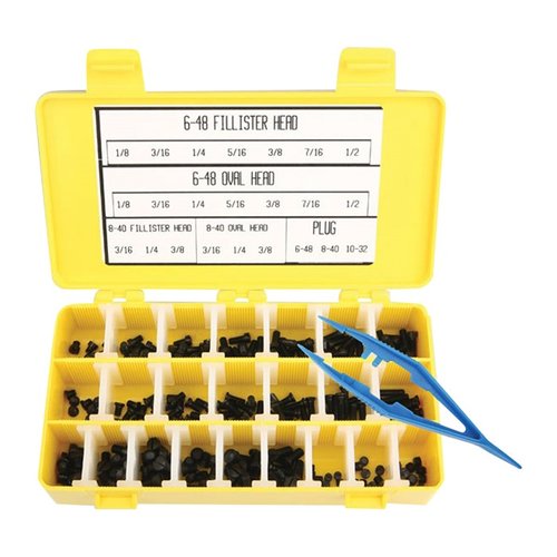 GUN SCREW ASSORTMENT sisältää kaksitoista kappaletta jokaisesta Forsterin 23 suosituimmasta ruuvikoosta, tarjoten erinomaisen hinnan ja varmuuden tarvittavista osista.