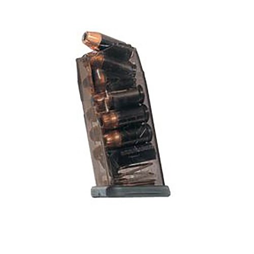 .45 Glock® 21, 30, 41 magasiini, saatavilla 9-30 laukauksen kapasiteetilla, kestävä ja läpinäkyvä rakenne, helppo purkaa ja yhteensopiva Glock® lisäosien kanssa.