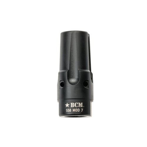 BCMGUNFIGHTER™ Compensator Mod 7-5.56 vähentää piipun nousua, salaa liekin, on korroosionkestävä ja suunniteltu taktiseksi käytöksi ilman maata nostavia aukkoja.