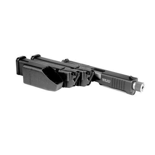 Muunna 9mm/.40 S&W Glockisi 22lr:ksi edullisempia ampumarataretkiä varten. Mukana kaksi 15 laukauksen lipasta ja 4,5" kierretty piippu.