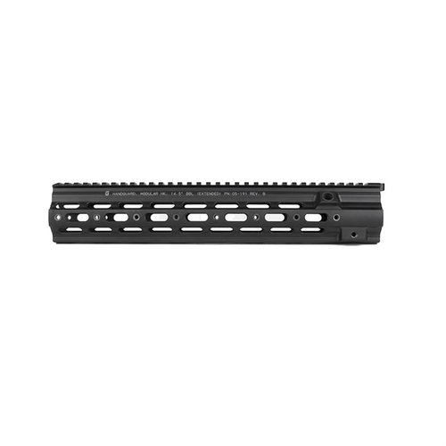 Geissele Super Modular HK 416 - kestävä 6061-T6 alumiinista valmistettu, modulaarinen ja sotilasstandardit täyttävä rail, saatavilla 10.5" ja 14.5" pituuksina.