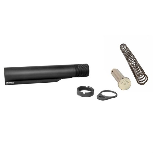 Geissele Premium Mil-Spec Buffer Tube on valmistettu 7075-T6-alumiinista, siinä on 6 asentoa ja Super 42 -jousi, joka parantaa luotettavuutta ja vähentää ääntä.