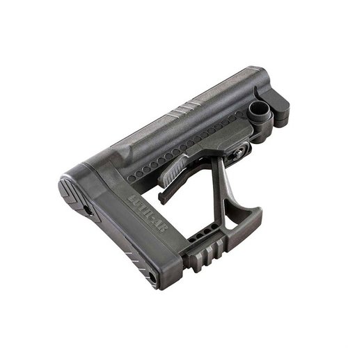 Luth-AR MBA-5 Buttstock on kevyt, säädettävä ja edullinen vaihtoehto, jossa on laaja poskituentaa, Picatinny-rail ja nopea säätövipu.