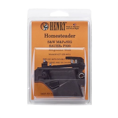 H027 HOMESTEADER 9MM MAGAZINE WELL ADAPTOR muuttaa Henry H027:n yhteensopivaksi suosittujen S&W M&P ja SIG P320 9mm patruunakenkien kanssa.