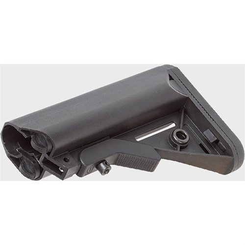 LMT SOPMOD buttstock tarjoaa mukautuvan ja mukavan käyttöliittymän, jossa on kumipinnoitettu takapaneeli, parannettu cheek weld ja vedenpitävät säilytystilat.