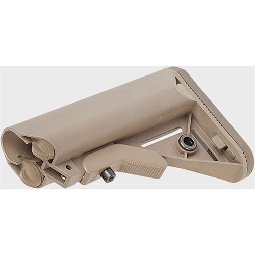 LMT SOPMOD buttstock tarjoaa mukautuvan ja mukavan käyttökokemuksen, jossa on kumipinta, parannettu cheek weld, vesitiiviit säilytystilat ja QD swivel insertit.
