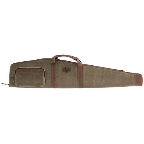 Evoluutio Outdoorin Rawhide WAXED CANVAS -kiväärikotelo tarjoaa erinomaisen suojan, kestävä canvas, pehmustettu sisus ja tyylikkäät antiikkimessinkivetimet.