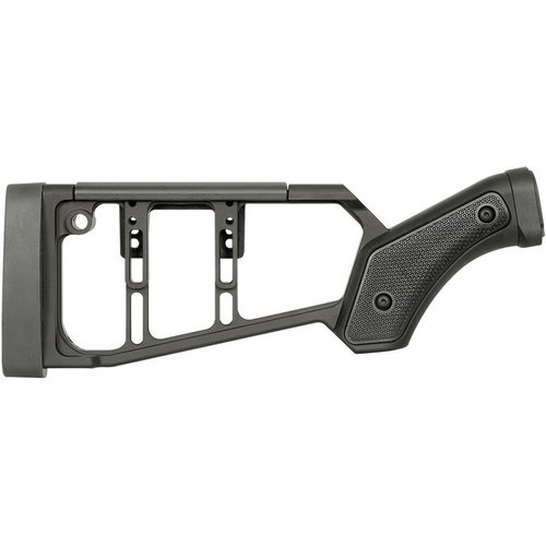 Mossberg 590: säädettävä polymerinen poskipala, ambidextraalinen muotoilu, vähentää rekyyliä, M-LOK®-yhteensopivat slotit ja elinikäinen takuu.
