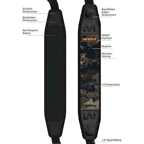 Muddy Pathfinder Sling on joustava neopreenihihna, joka tarjoaa mukavuutta, tukee olkapäätä ja sisältää nopean QD-muunnoksen sekä liukumattoman pinnan.
