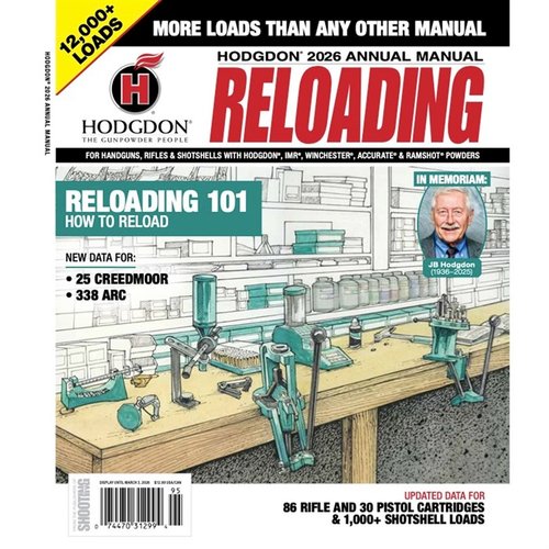 Hodgdon 2026 Annual Manual tarjoaa yli 11 000 latausta eri kaliipereille ja sisältää tiedot Hodgdonin, IMR:n, Winchesterin, Ramshotin ja Accurate-pulvereista.