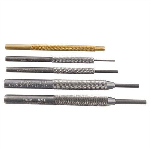 LYMAN PISTOL PUNCH SET sisältää viisi teräksistä ja messinkistä lyöntityökalua, jotka takaavat luotettavan otteen ja suojaavat aseesi pintaa naarmuilta.
