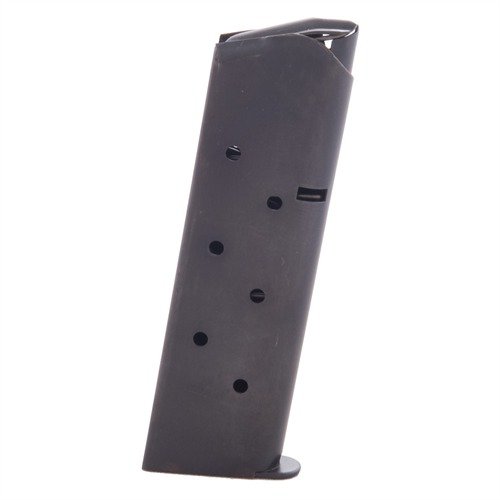 .45 GOVT/COMM - 1911 MAGAZINE, kestävä blued hiiliteräksestä tai ruostumattomasta teräksestä, varma viimeisen laukauksen syöttö ja kolme pohjalevyn vaihtoehtoa.